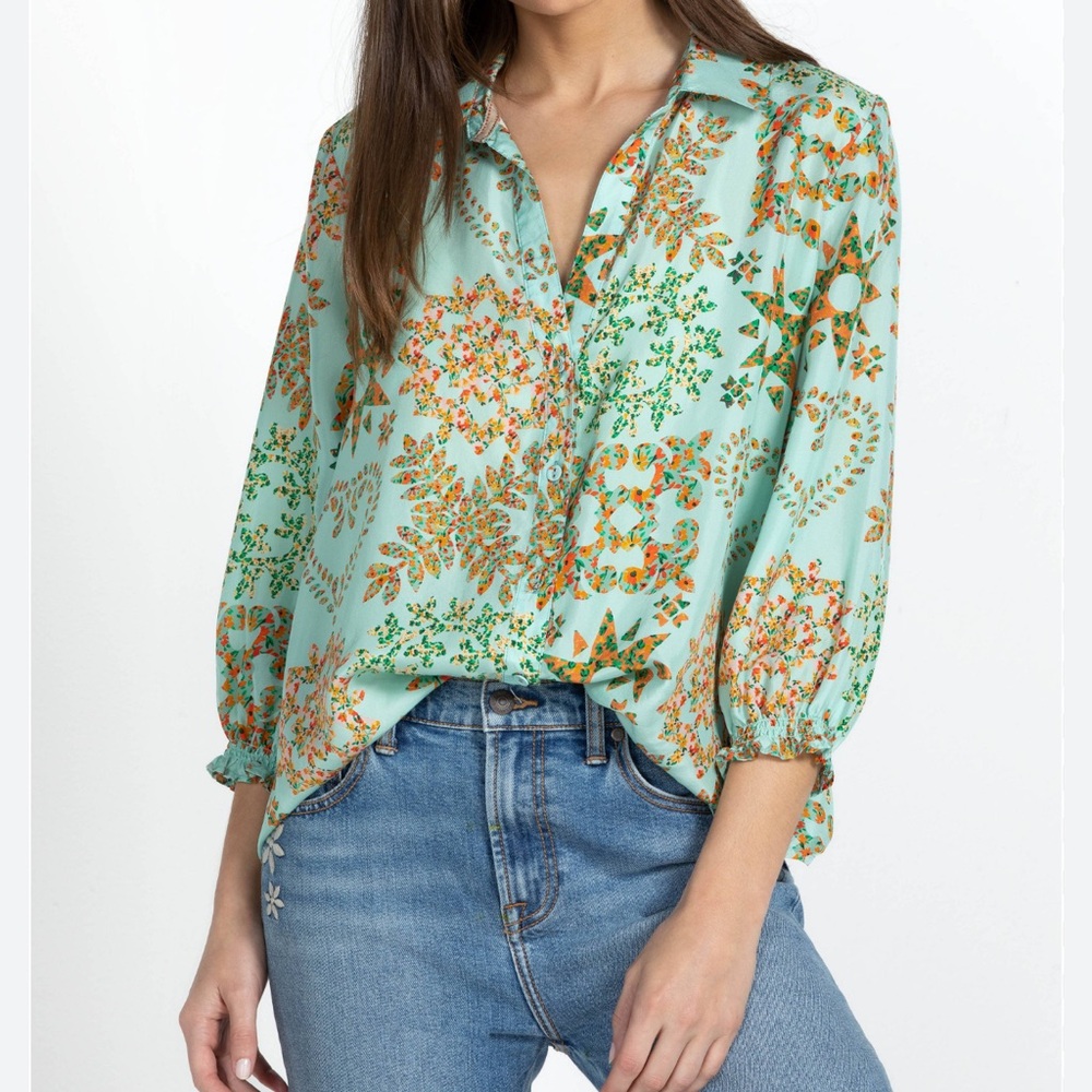 Johnny Was Workshop Silk Floral Button-Up Blouse